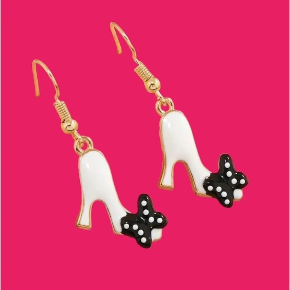 Vintage Style Barbie Heels Polka Dot Bow Charm Dangle Statement Earrings